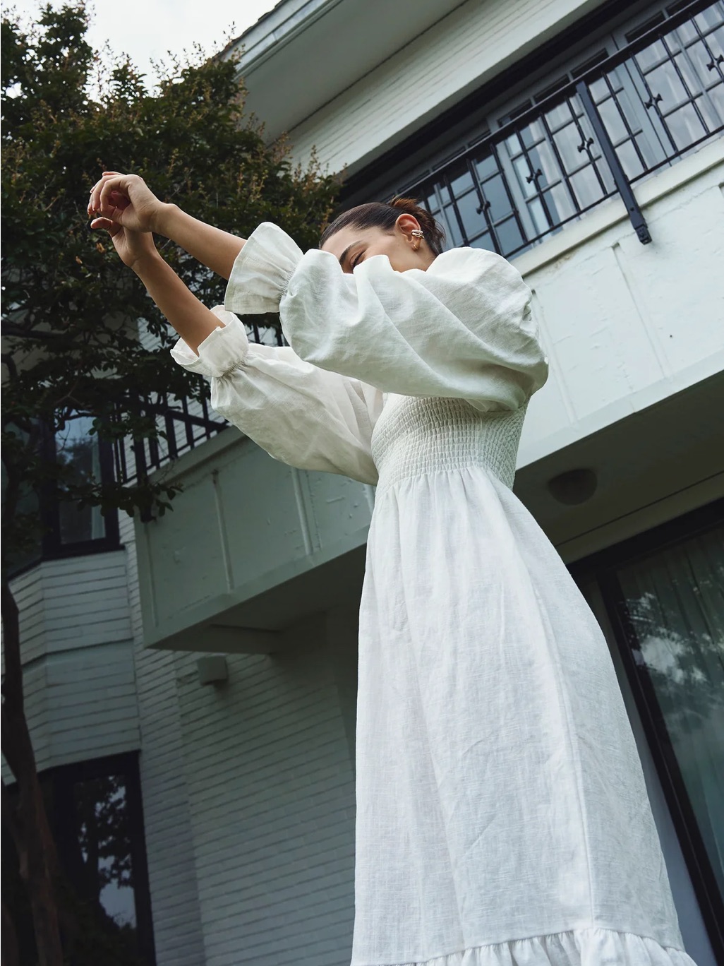 Elegant White Puff-Sleeve Smocked Waist Maxi Dress - New With Tags